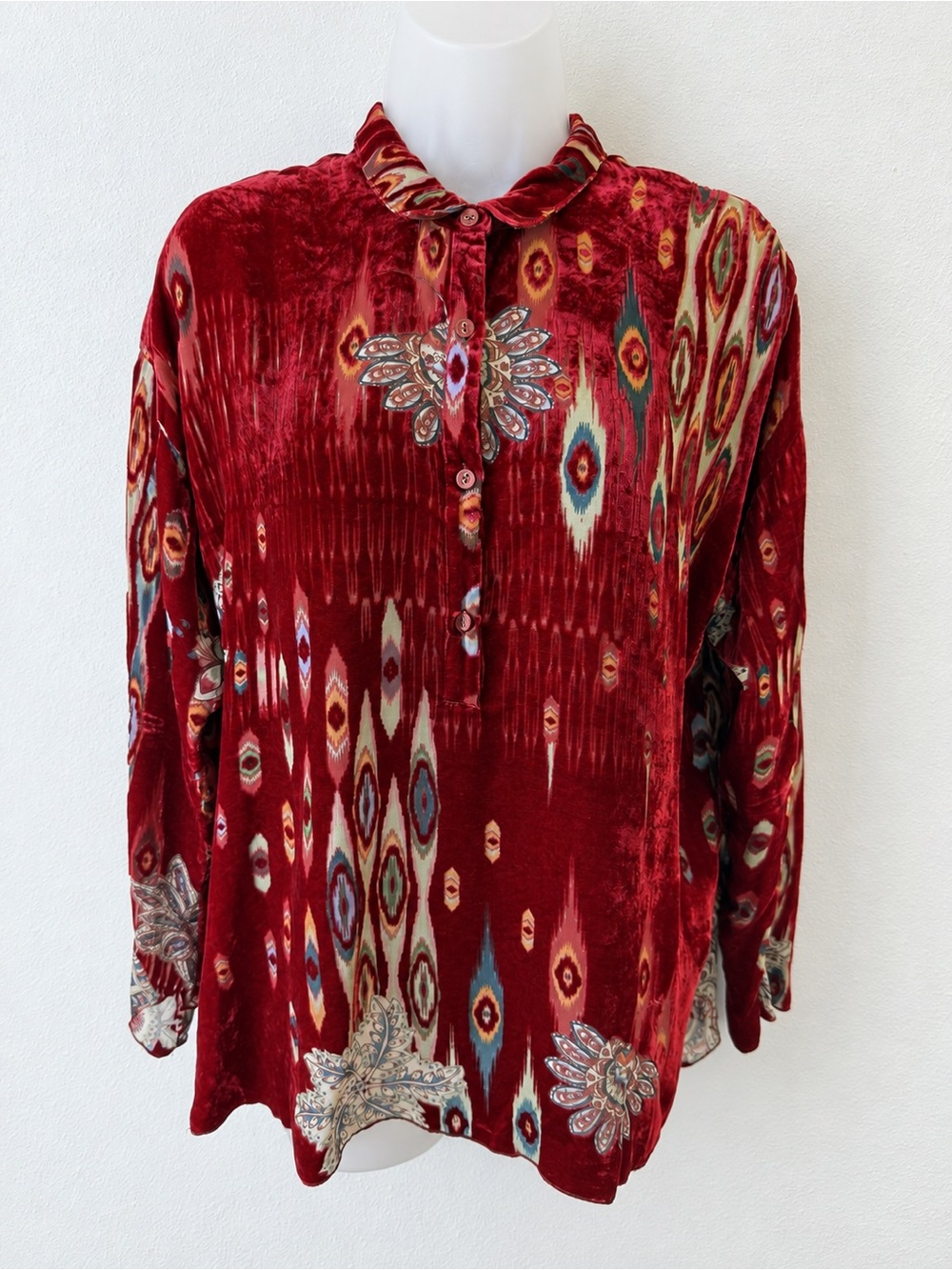 Johnny Was Blouse XS Burnout Velvet Silk Floral Sheer Boho Tunic